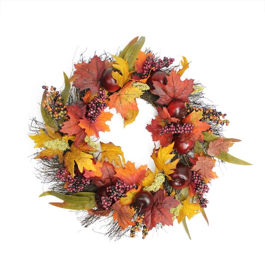 22" Autumn Harvest Apple, Berry and Leaf Artificial Thanksgiving Floral Wreath